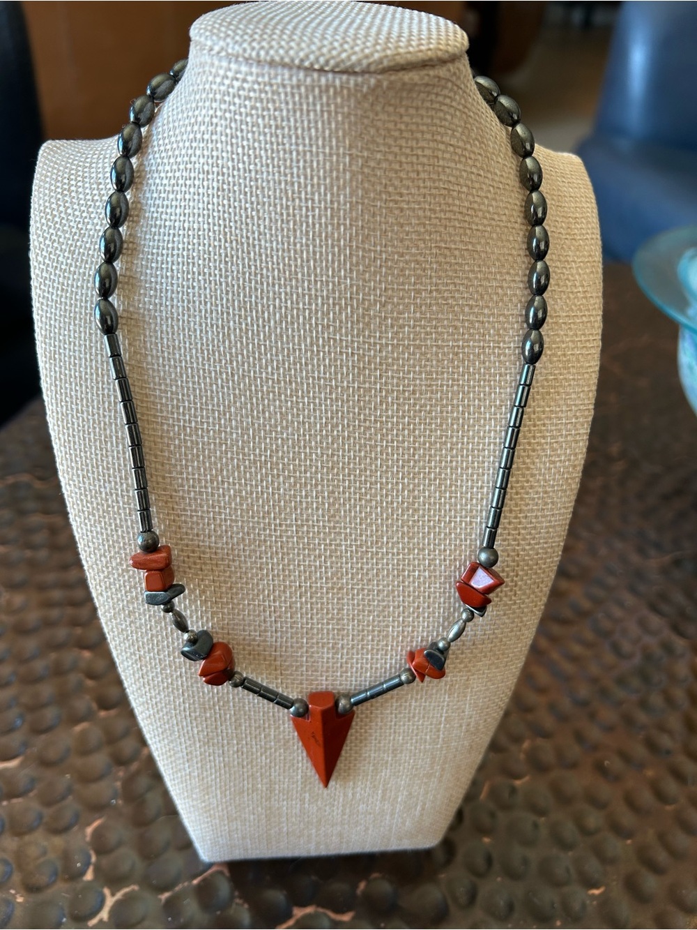 Red Jasper Arrow Hematite Bead Necklace 17”